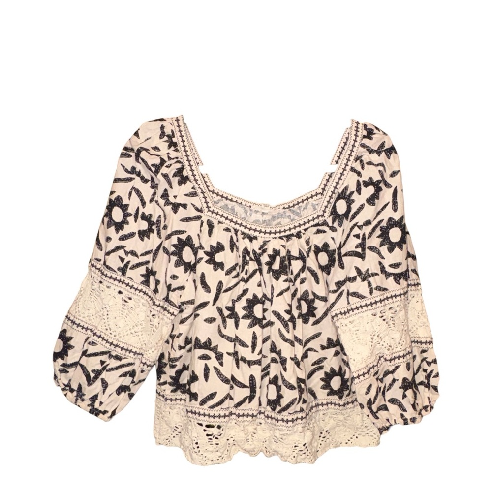 Christian Siriano Boho Peasant Top Cream Black Floral Lace Small AR41 - Picture 2 of 4